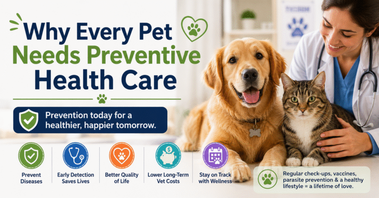 Preventive pet health care with a veterinarian, dog, and cat.