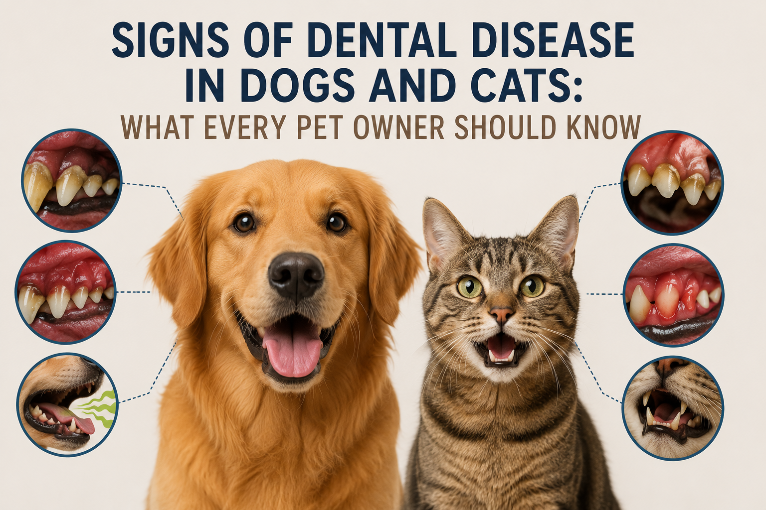 Veterinarian examining the teeth of a dog and cat to identify signs of dental disease including plaque, tartar, and gum inflammation.